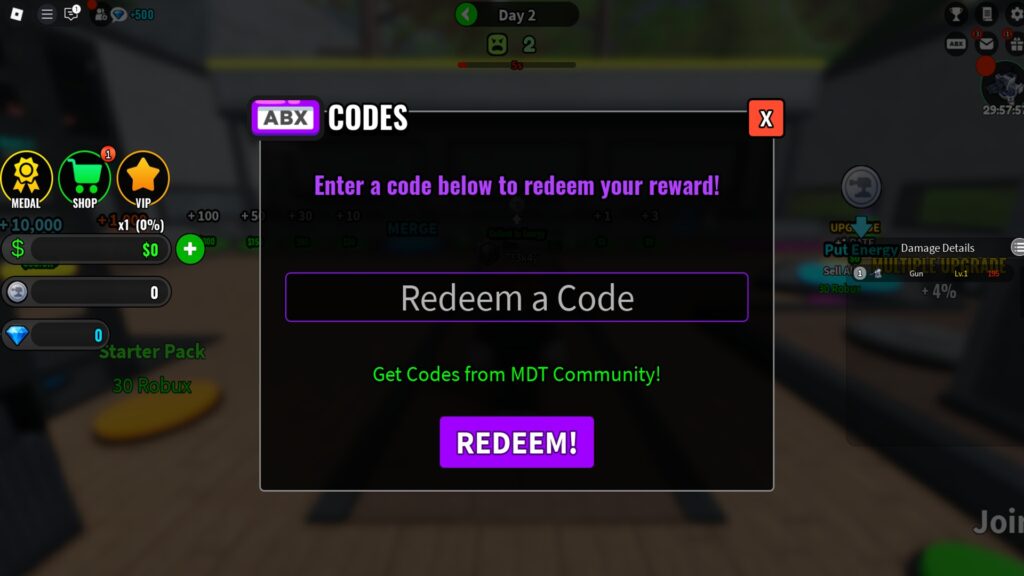 in-game screenshot featuring the codes redeem text box in Merge Tower Defense.