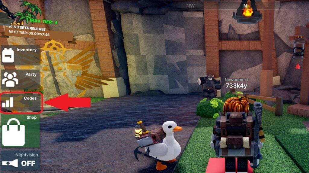 in-game screenshot featuring the codes button in Miner's Quest.