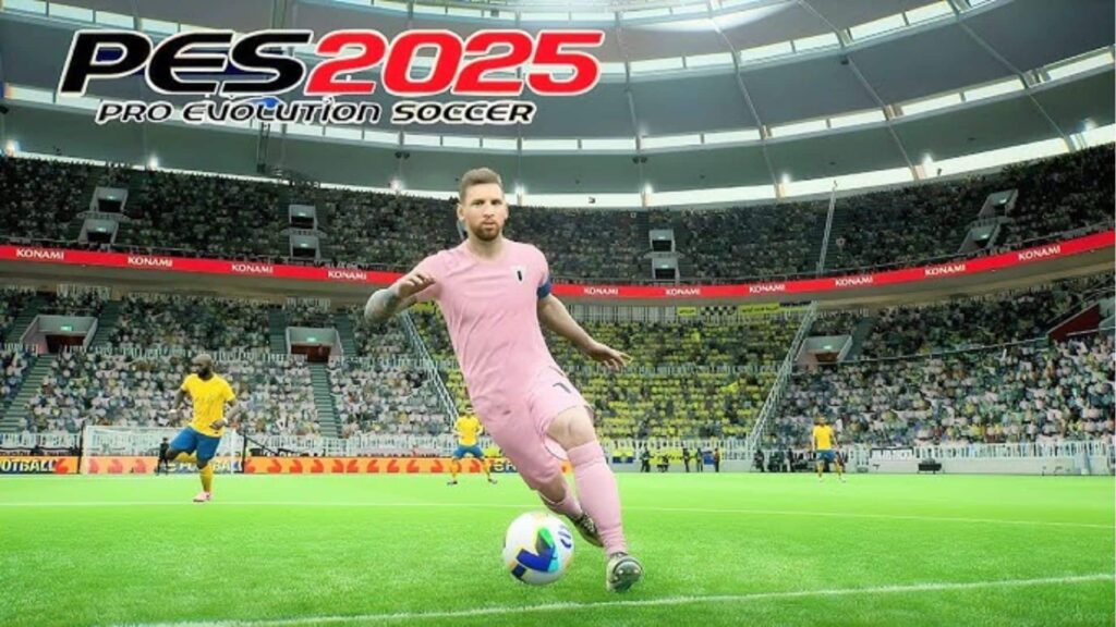 Lionel Messi dribbling the ball on the field featured in an image of PES 2025.