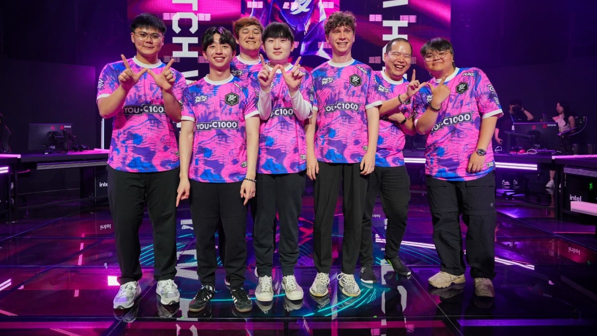 a group photo of the PRX Valorant team at VCT Pacific Stage 2 after beating T1 on July 16