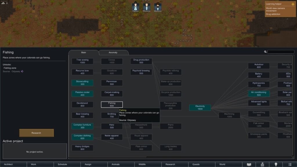 a screenshot of Fishing within the Research tab in RimWorld Odyssey