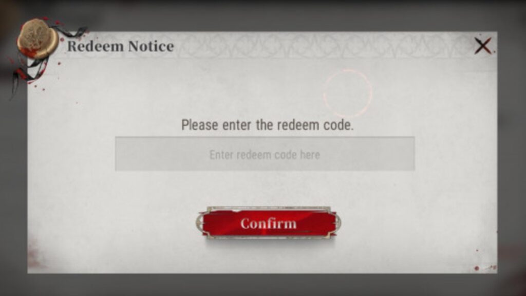 in-game screenshot featuring the code redemption page in Silver and Blood,.