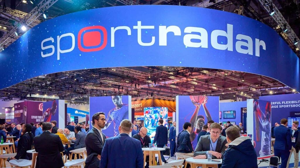 Sportradar brand name displayed at the ICE London 2024.