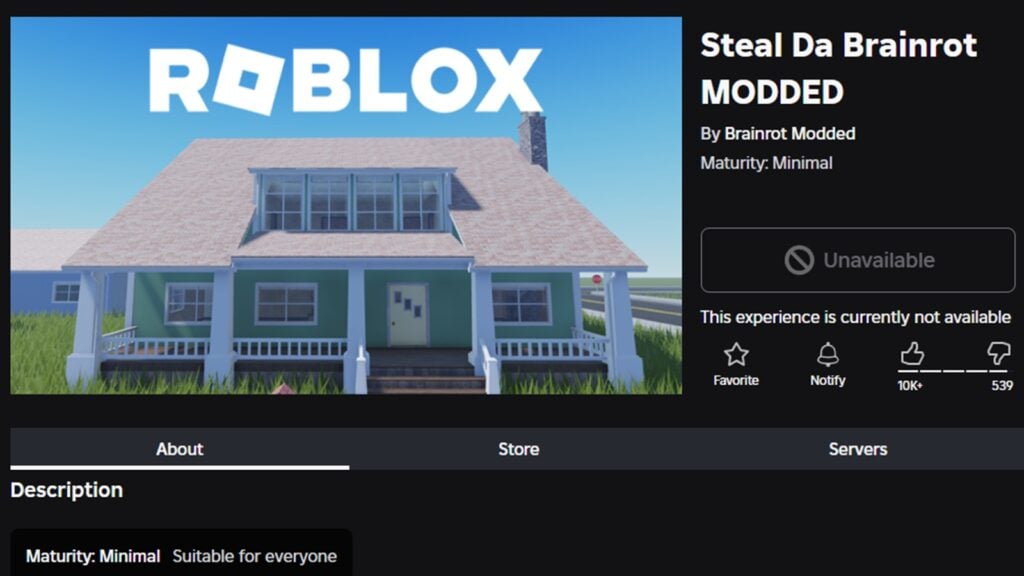 Screenshot featuring the webpage of Steal Da Brainrot MODDED experience on Roblox.