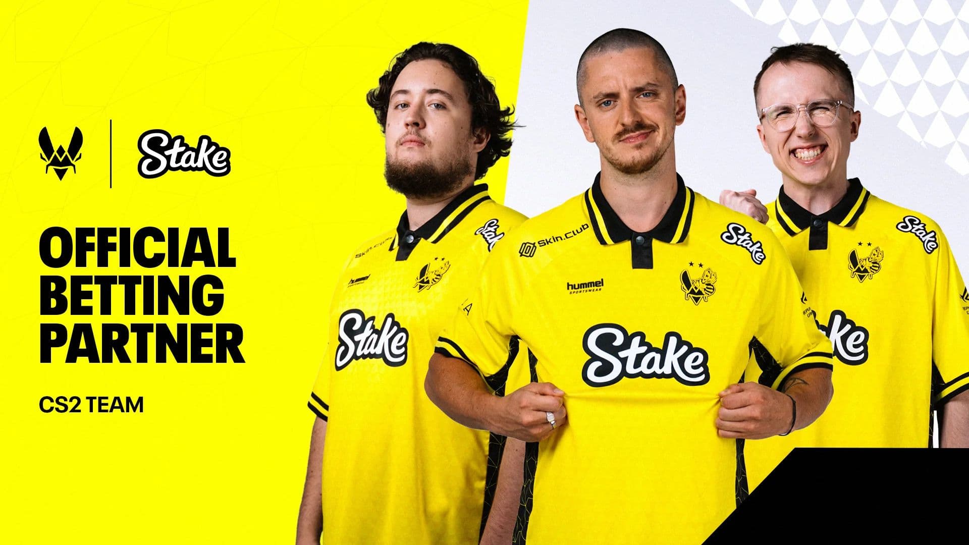 ZywOo, apEX, and ropz in the key image for Team Vitality CS2 and Stake partnership.