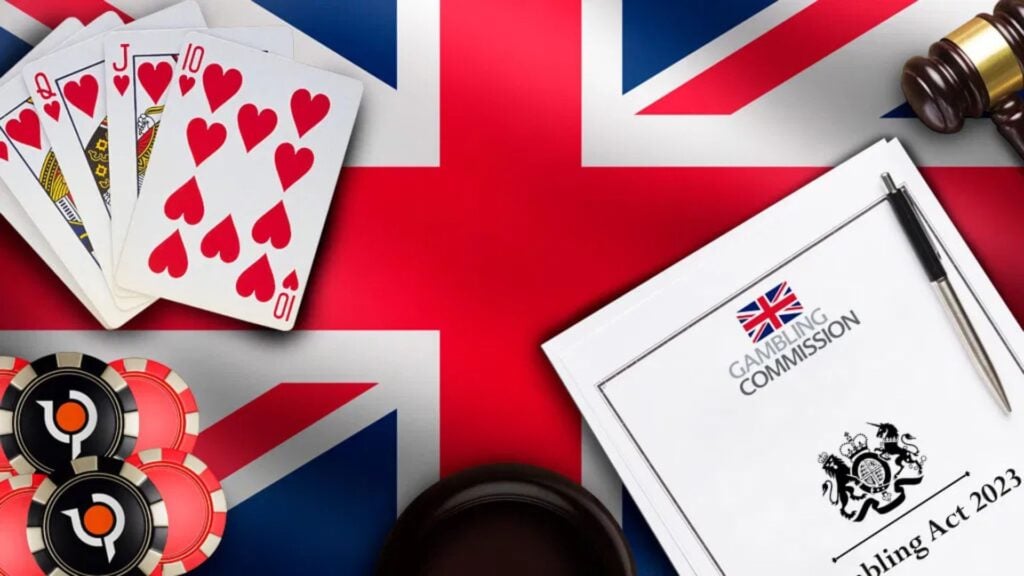 UK flag with cards, poker chips, gavel, and the UK Gambling Commission Act 2023 in a remixed image.
