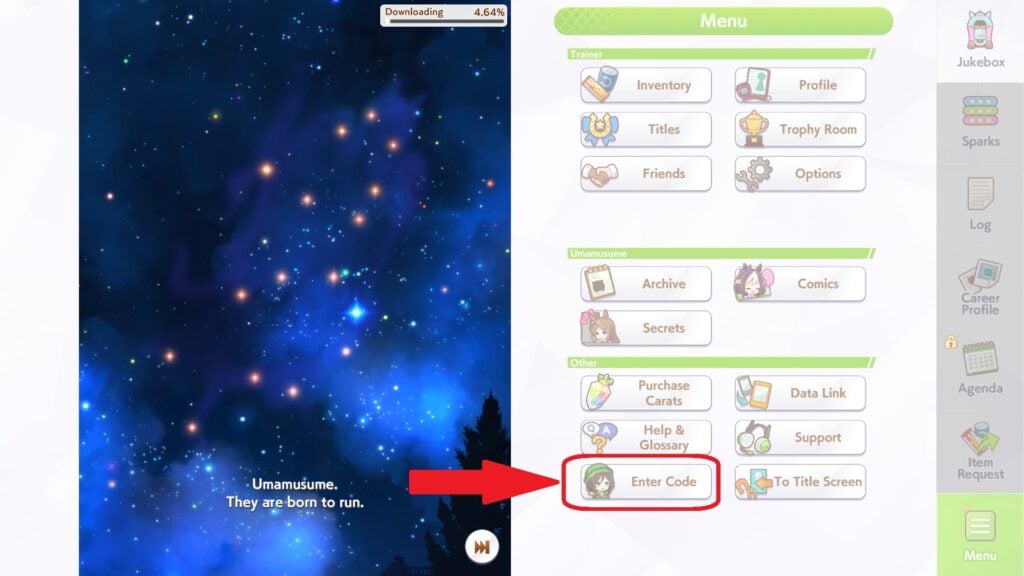 in-game screenshot featuring the Enter Code button in Umamusume Pretty Derby.