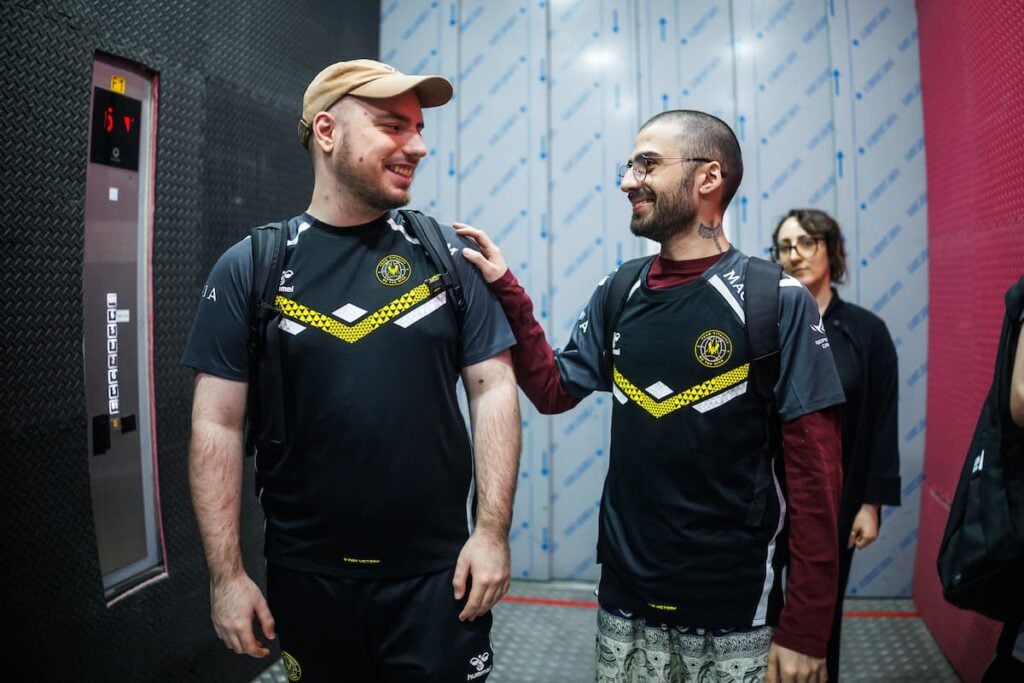 Derke (L) and Sayf of Team Vitality are seen back stage at VALORANT Masters Bangkok Playoffs Stage on February 28, 2025 at the UOB Live in Bangkok, Thailand.