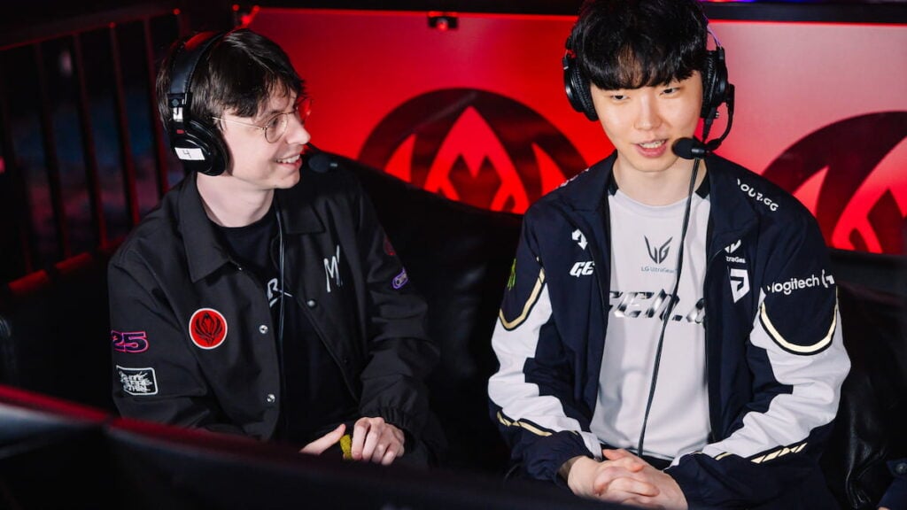 Esports costreamer Caedrel (L) and Chovy of Gen.G Esports at MSI 2025 Bracket Stage Day 8 at the Pacific Coliseum in Vancouver, Canada on July 09, 2025.