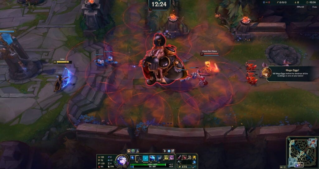 Picture showing a big Ziggs Doom Bot in League of Legends.
