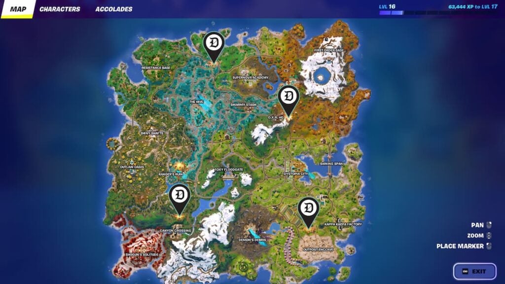 Picture showing the in-game map for Hammerhead Choppa locations in Fortnite.