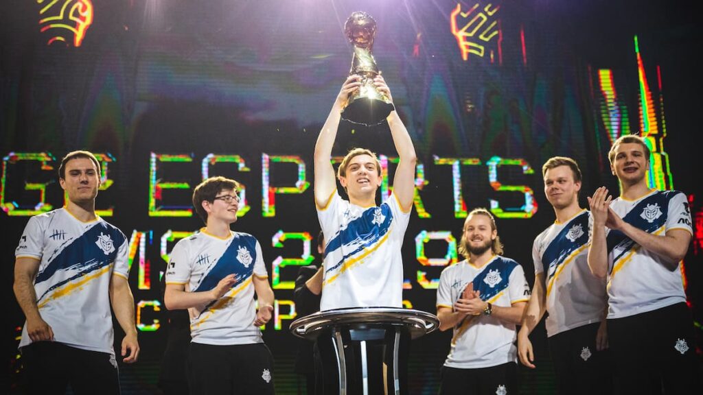 G2 Esports lifting trophy during the 2019 League of Legends Mid-Season Invitational Semifinals Stage at the Taipei Heping Basketball Gymnasium on May 19, 2019 in Taipei, Chinese Taipei.