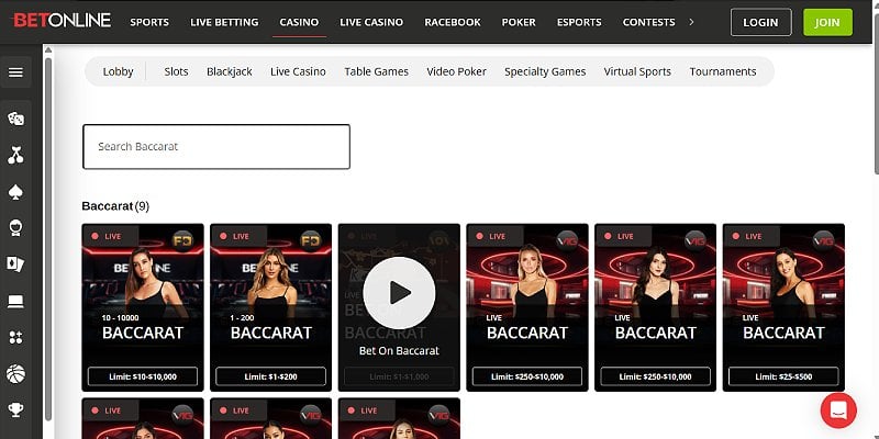 Bet Online Casino US - Baccarat
