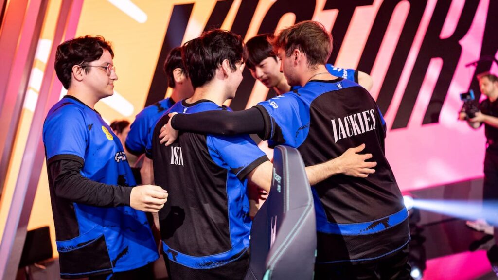 GiantX on stage hugging after win during the 2025 LEC EMEA 2025 Summer Split Week 1 Day 3 at the Riot Games Arena on August 4 2025 in Berlin, Germany.