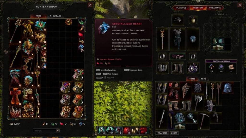 Picture showing Primordial items and other things to buy in Last Epoch.