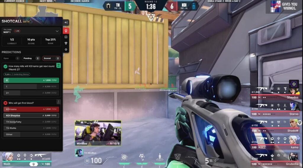 A snapshot of a VCT match, showcasing Shotcall prediction tool.