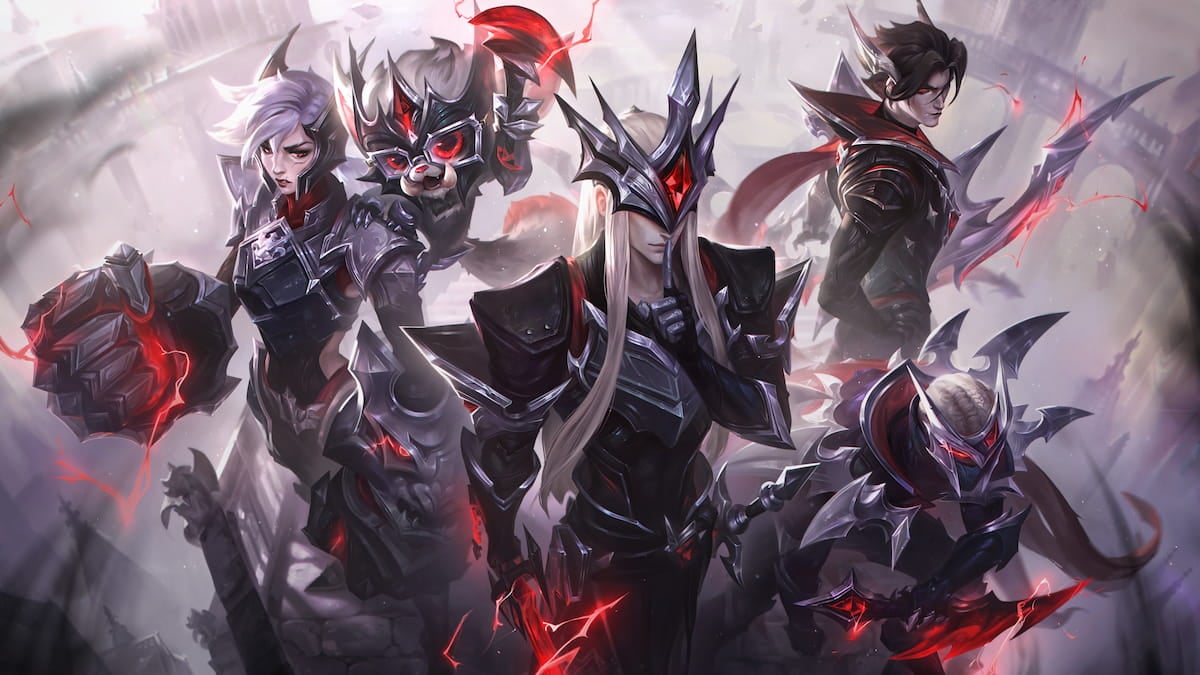 Picture showing splash art of T1 Worlds 2024 skins.