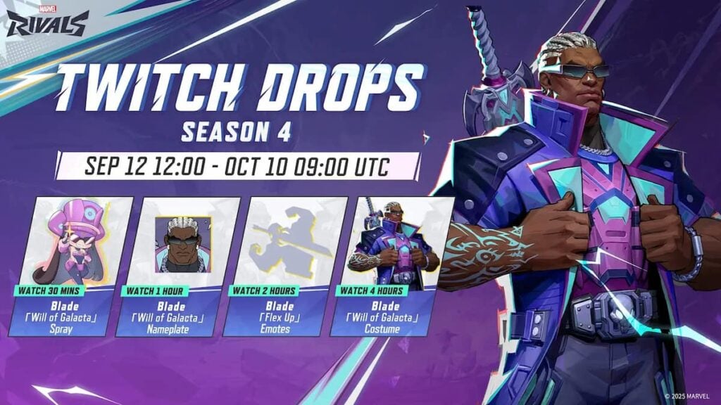 Picture showing Blade Twitch Drops for season 4 in Marvel Rivals.