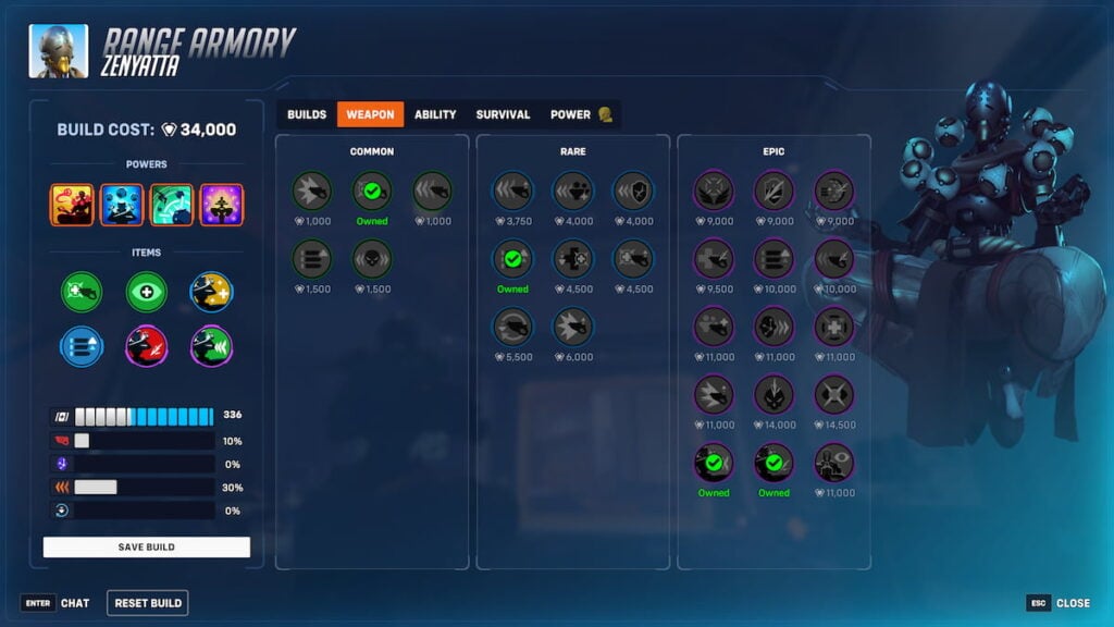 Picture showing the items in Zenyatta Stadium Build in Overwatch 2.
