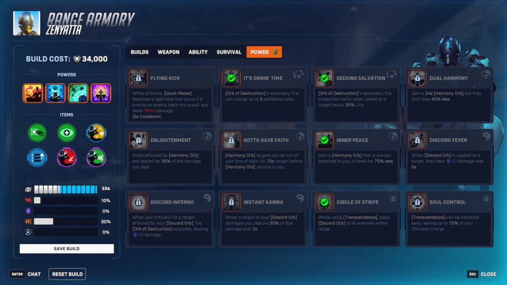 Picture showing the powers in Zenyatta Stadium Build in Overwatch 2.