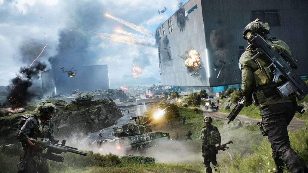 Soldiers and vehicles in an all-out warfare in Battlefield 2042.