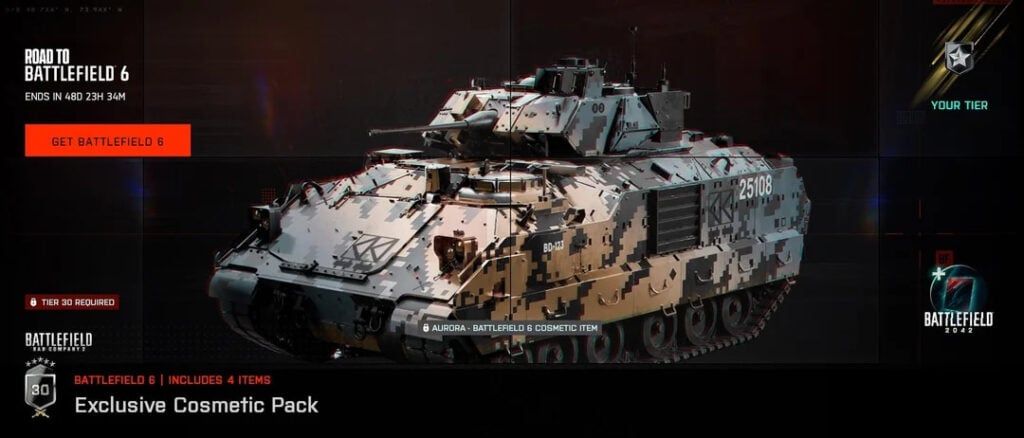 Aurora vehicle skin for tank, one of the Battlefield 6 rewards in Battlefield 2042 event battle pass.