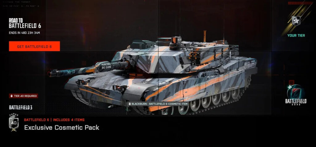 Blackburn vehicle skin for tank, one of the Battlefield 6 rewards in Battlefield 2042 event battle pass.