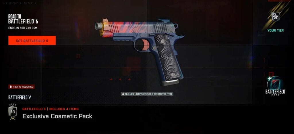 Muller weapon skin for pistol, one of the Battlefield 6 rewards in Battlefield 2042 event battle pass.