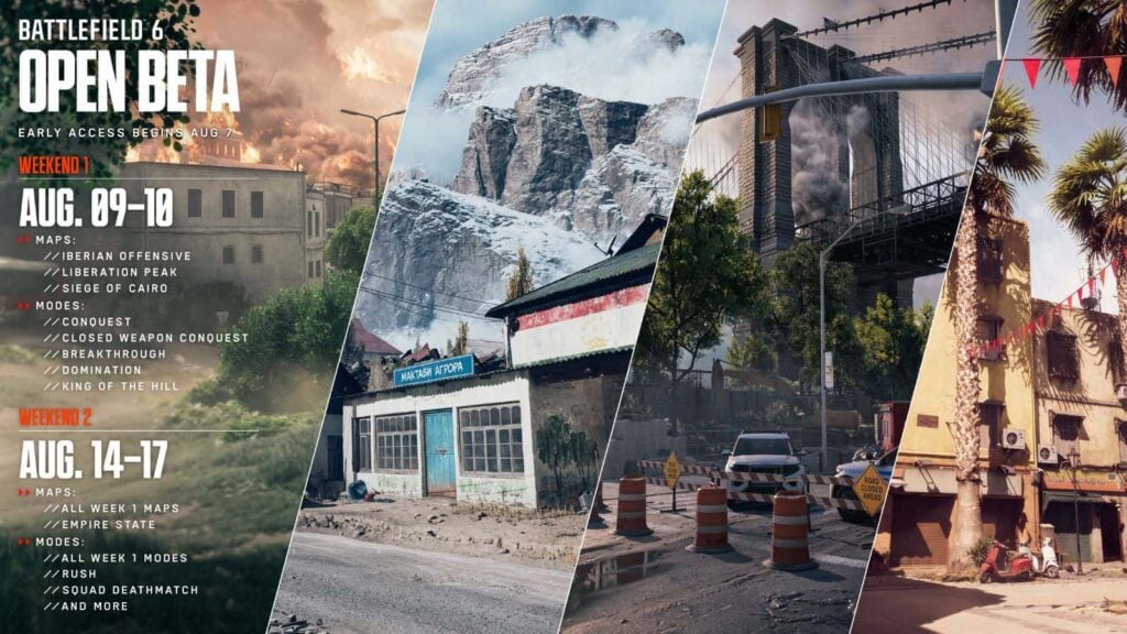 Battlefield 6 open beta maps and modes for both Weekend 1 and 2.