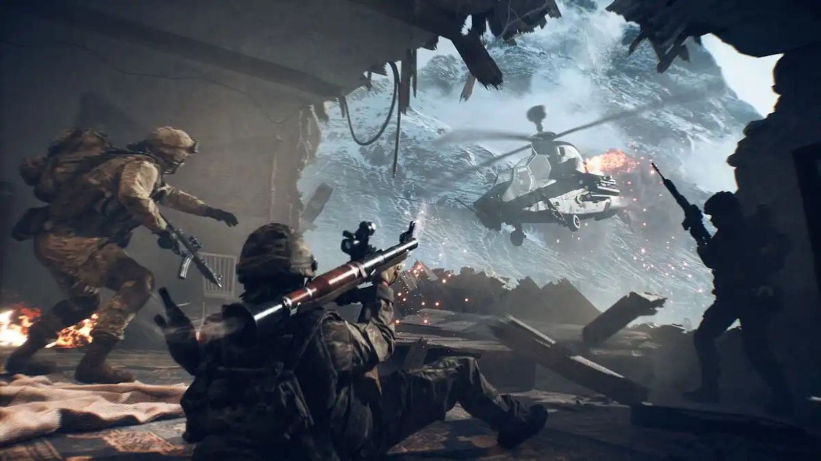 Two soliders taking down a helicopter in Battlefield 6.