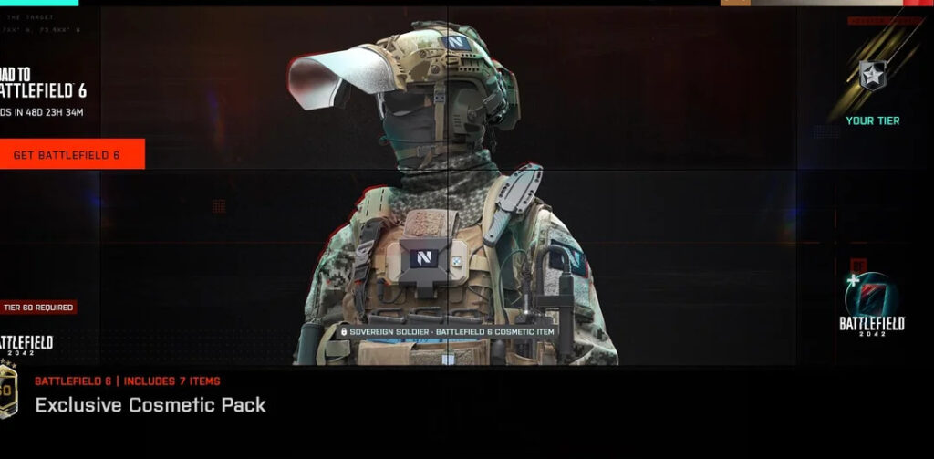 Sovereign Soldier operator skin, one of the Battlefield 6 rewards in Battlefield 2042 event battle pass.