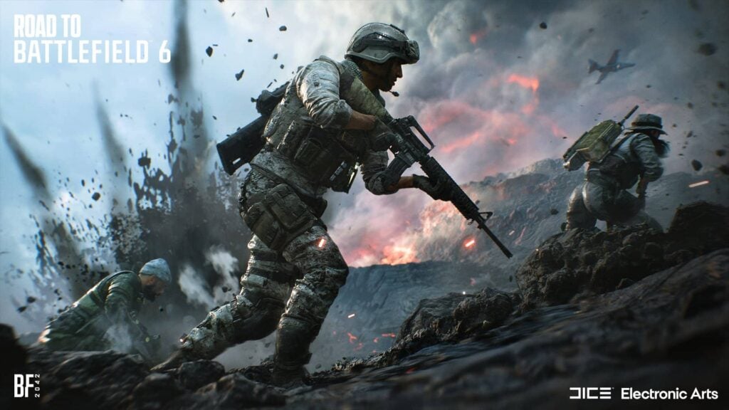 Soldiers evading an explosion in key image for Road to Battlefield 6 event in Battlefield 2042.