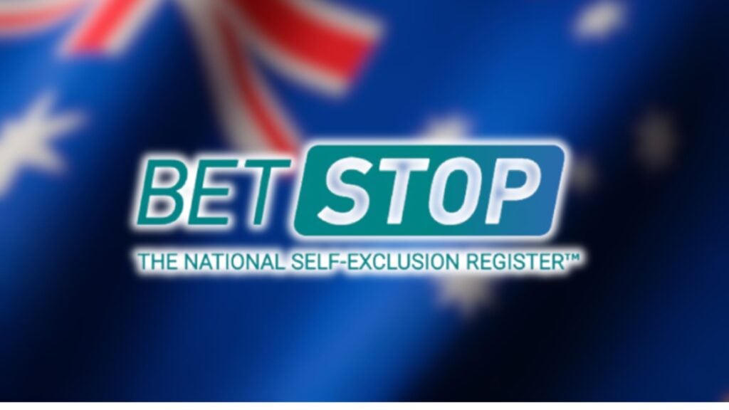BetStop logo and name against a blurred Australian flag.