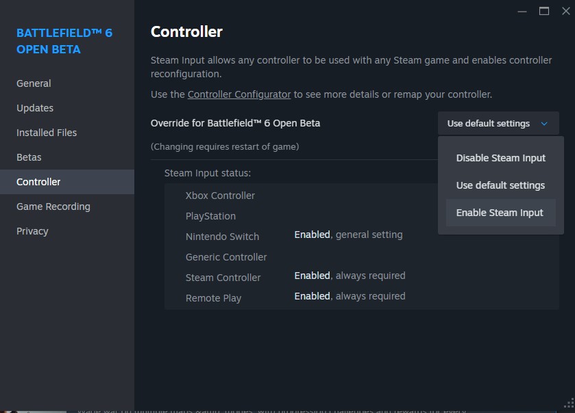 a screenshot of turning adaptive trigger off on Steam for Battlefield 6 open beta