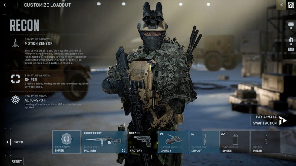 Recon loadout for the M2010 ESr sniper rifle