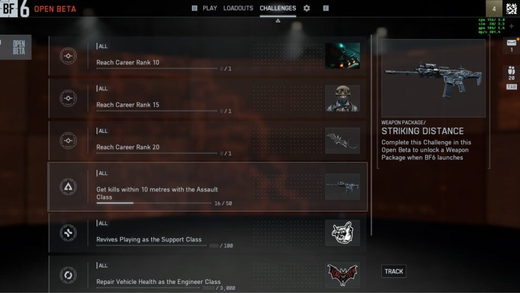 a screenshot of BF6 open beta challenges and rewards