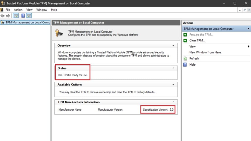screenshot of the TPM 2.0 menu in Windows 11.