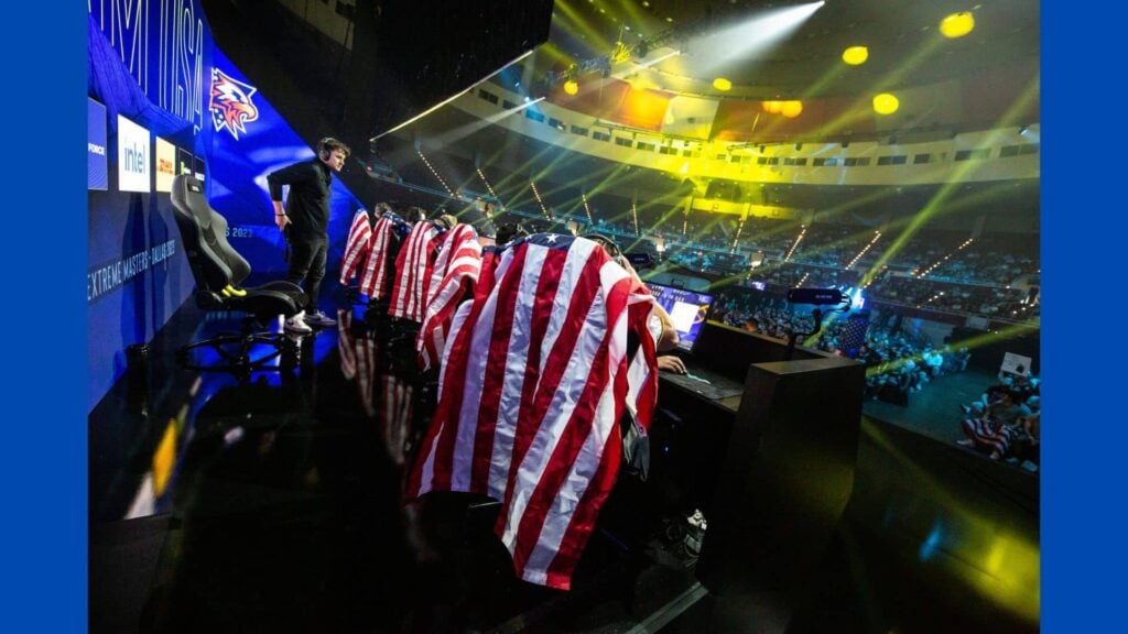 U.S. flags placed over the gaming chairs of Team U.S.A players at IEM Dallas.