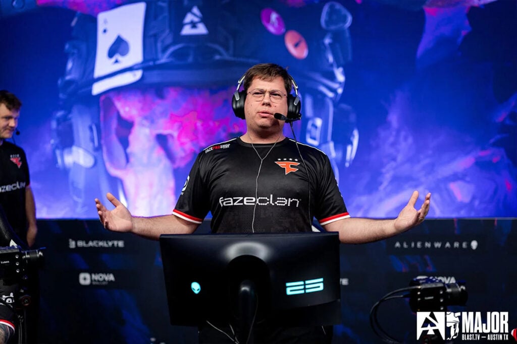 FaZe Clan's karrigan stands up to taunt their opponents during the BLAST Austin Major.
