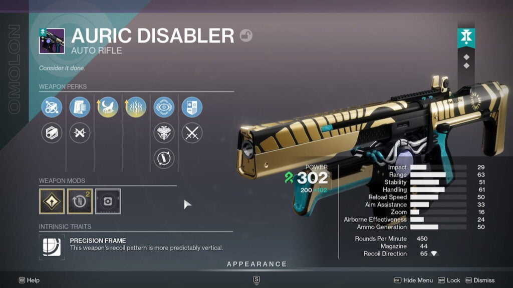 Auric Disabler roll in Destiny 2
