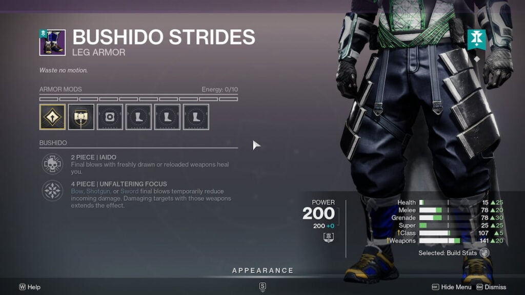 Bushido Strides armor in Destiny 2