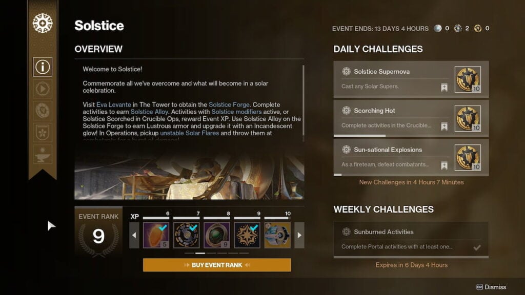 Solstice event menu in Destiny 2