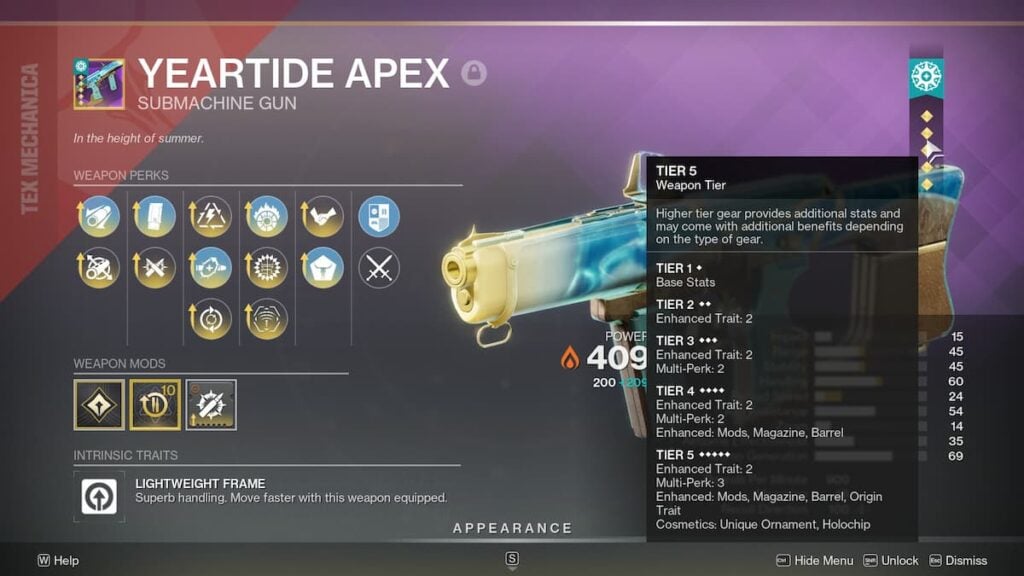 Tier 5 Yeartide Apex SMG in Destiny 2