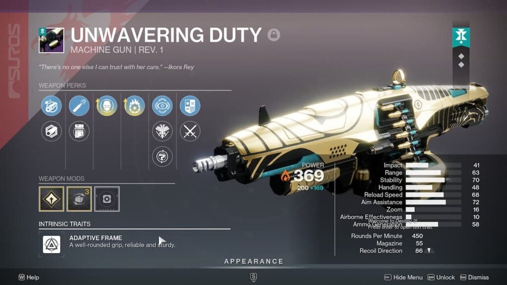 Unwavering Duty machine gun roll in Destiny 2