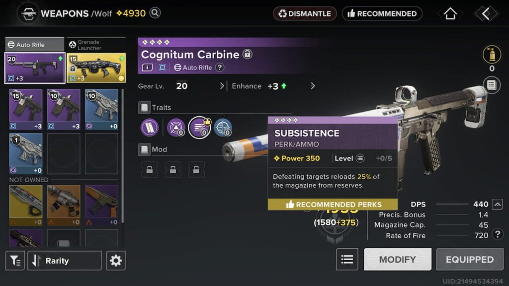 Subsistence perk description in Destiny: Rising