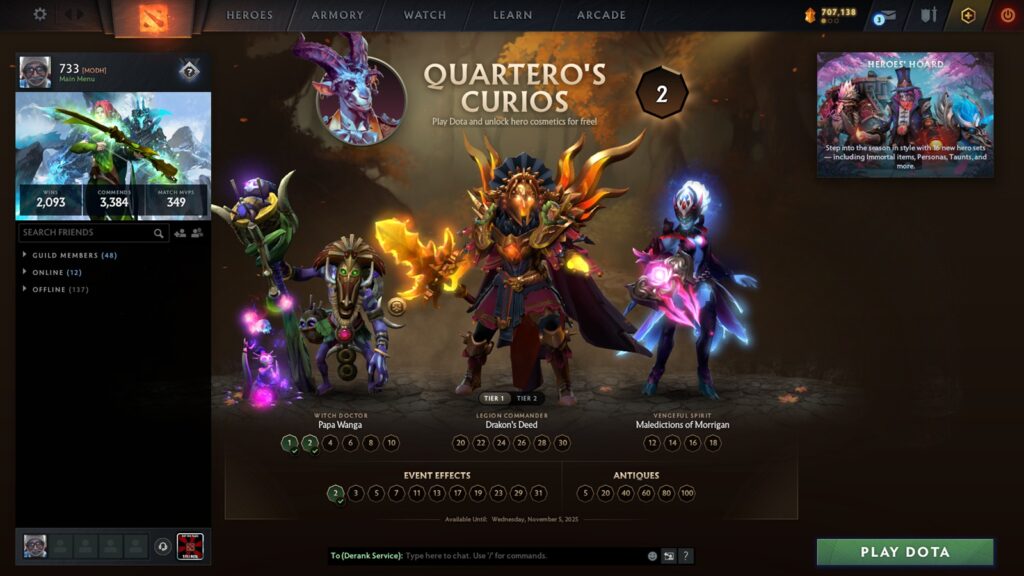 in-game screenshot of the Dota 2 dashboard featuring the Quartero's Curios event.