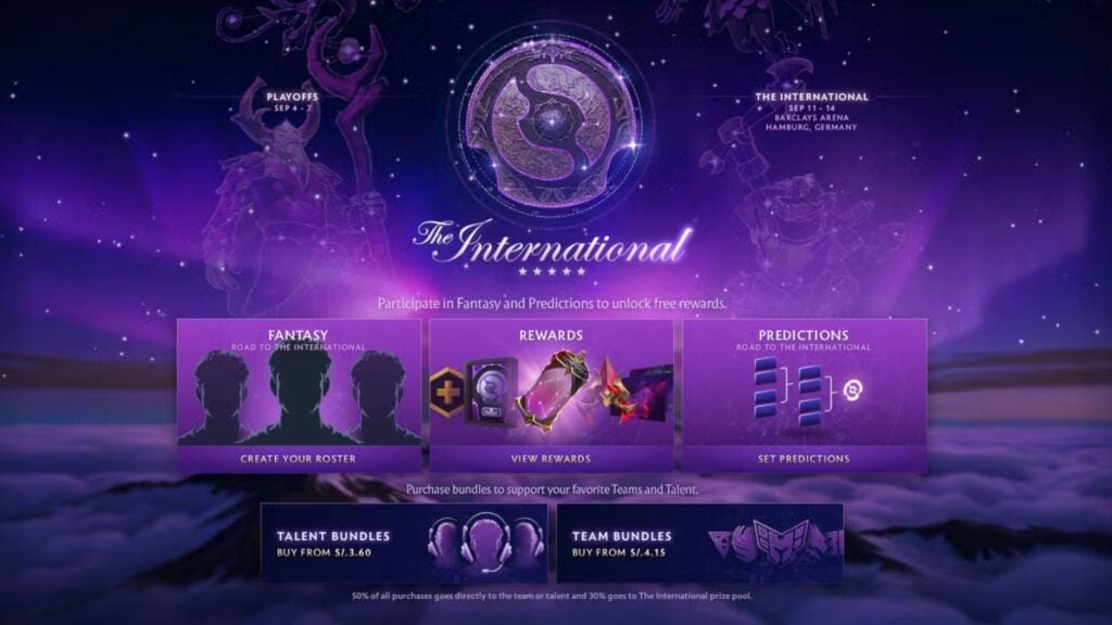 Dota 2 TI14 UI showing Fantasy, Rewards, Predictions, and Team Bundles
