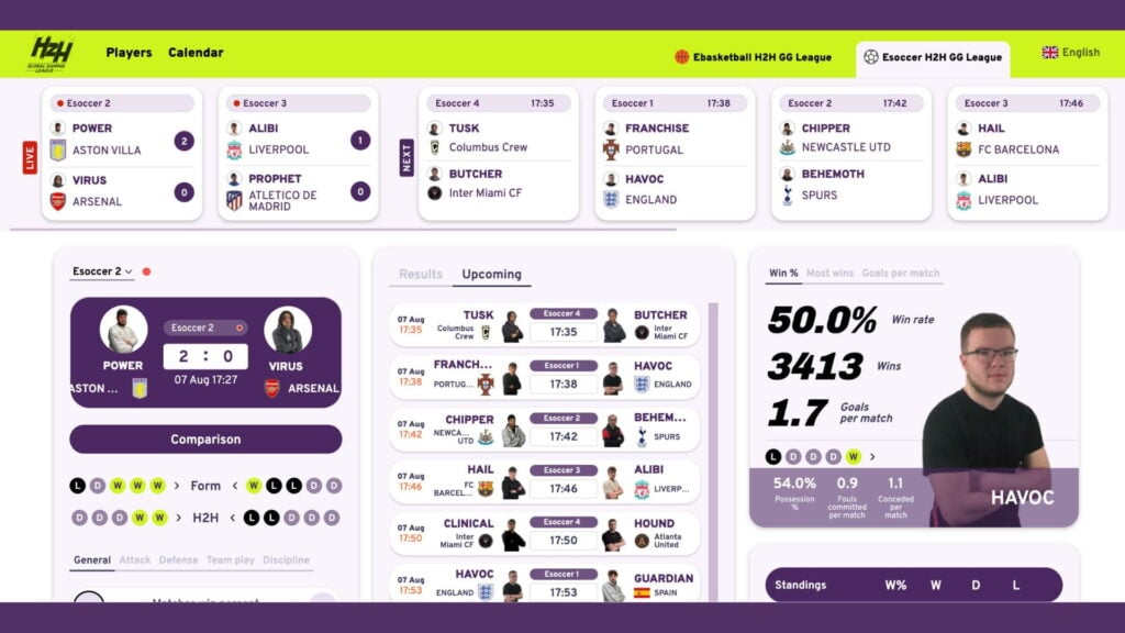 H2H Global Gaming League website interface featuring its eSoccer tournament.