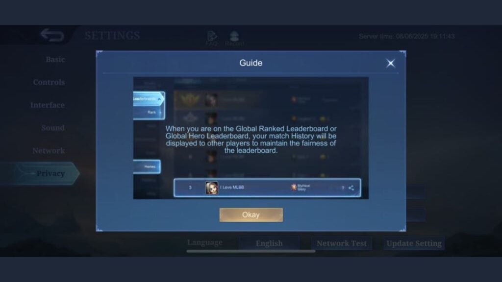Notice of exception to players Global Ranked Leaderboard from hiding history in MLBB