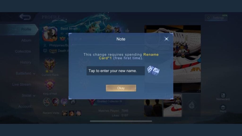 Name change prompt in MLBB, stating that you need a Rename Card but free if you're doing it for the first time.